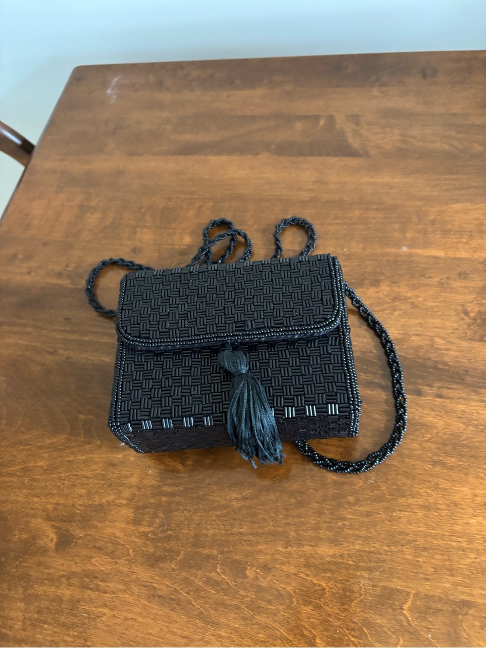 Source Unknown Black Beaded Mini Crossbody with Tassel